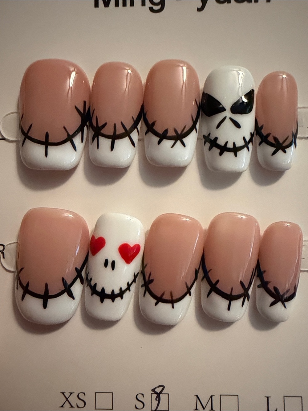 Nude & White Skull Accent handmade acrylic Press-On Nail Set by